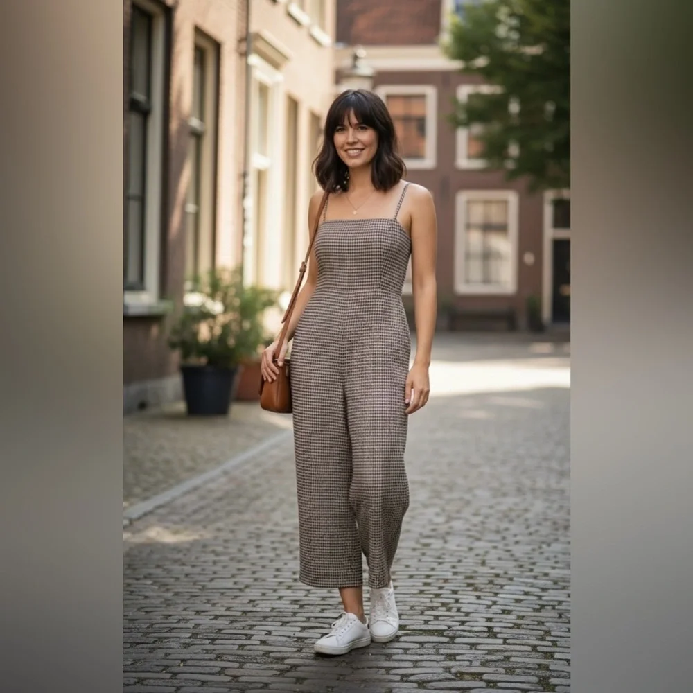 Reformation Overland Linen Jumpsuit In Tartine Check (Brown/Tan Checkered) sz2